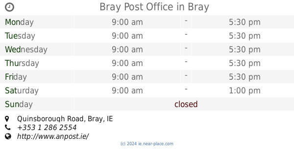 ? Post Office Bray opening times, tel. +353 1 286 5624